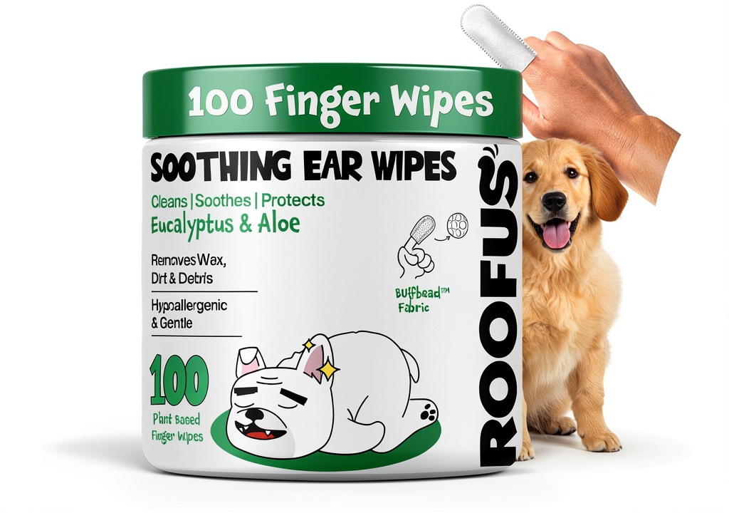 ROOFUS THE DOG ear wipes in use on a dog's ear