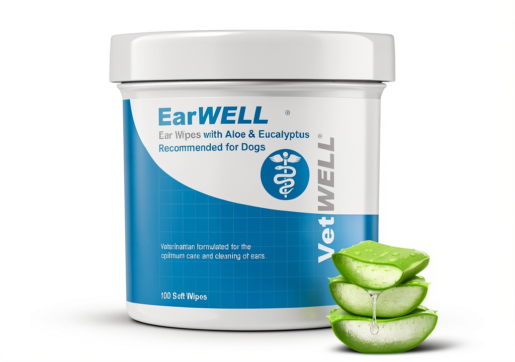 VetWELL Dog Ear Cleaner Gentle Aloe Eucalyptus Formula being applied to a dog's ear in home setting