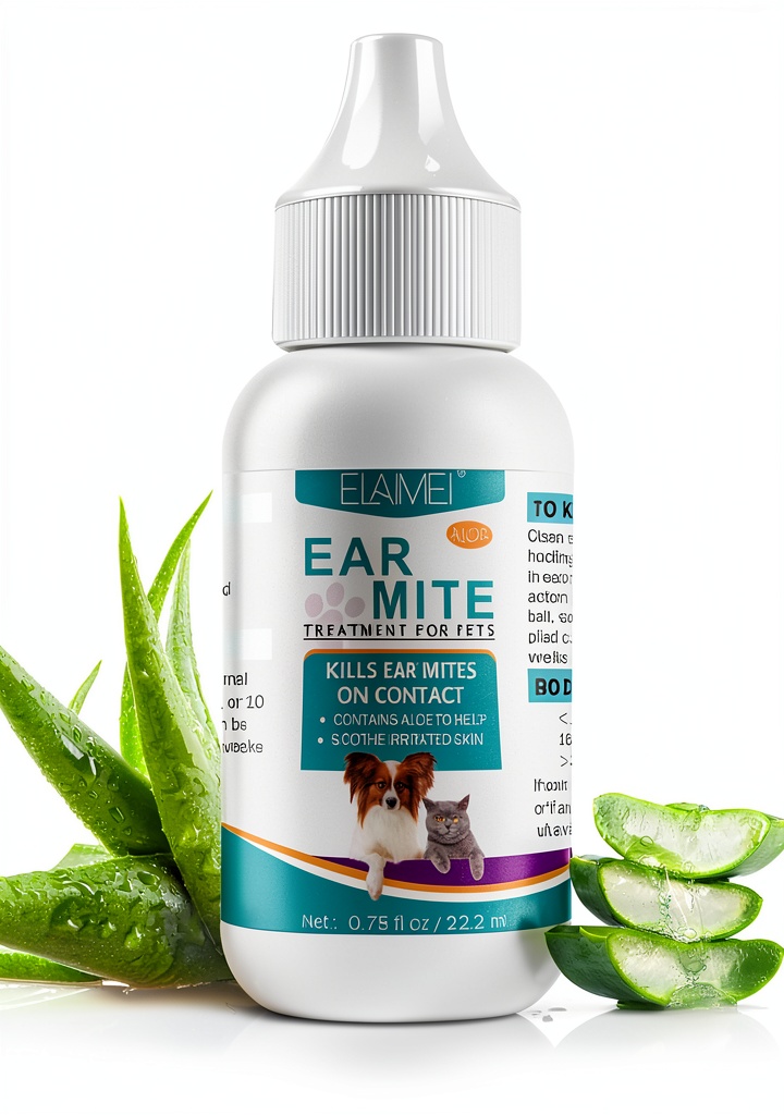 Applying bnHUlMXw Aloe Ear Mite Treatment to a dog’s ear on a wooden countertop