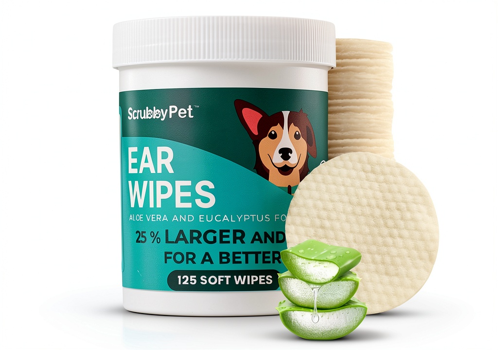 Installing Scrubby Pet Dog Ear Wipes Aloe Eucalyptus Cleaner on a wooden desk