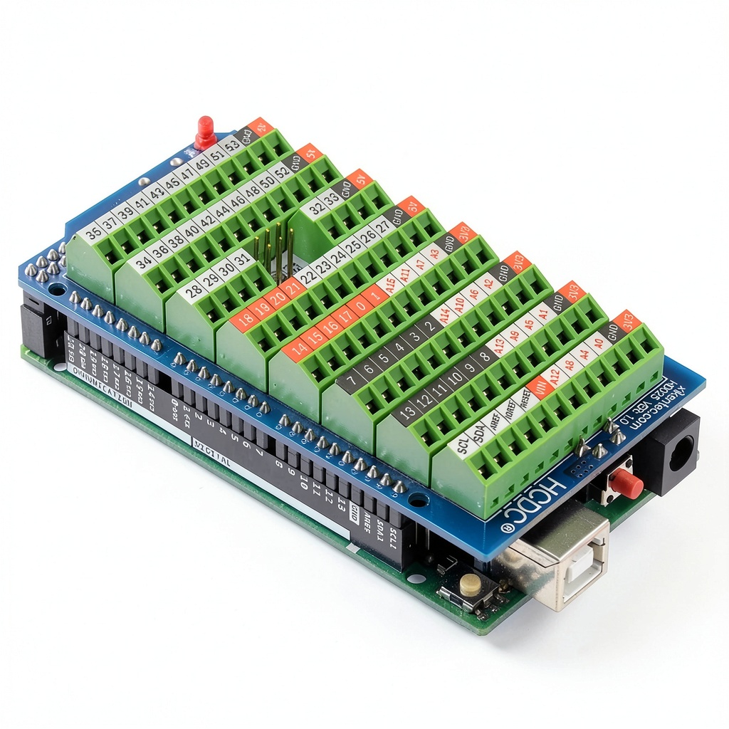 Xiken Terminal Block Breakout Shield connected to Arduino Mega 2560